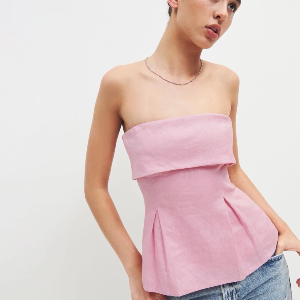 Reformation Barbie Pink Strapless Linen Top
